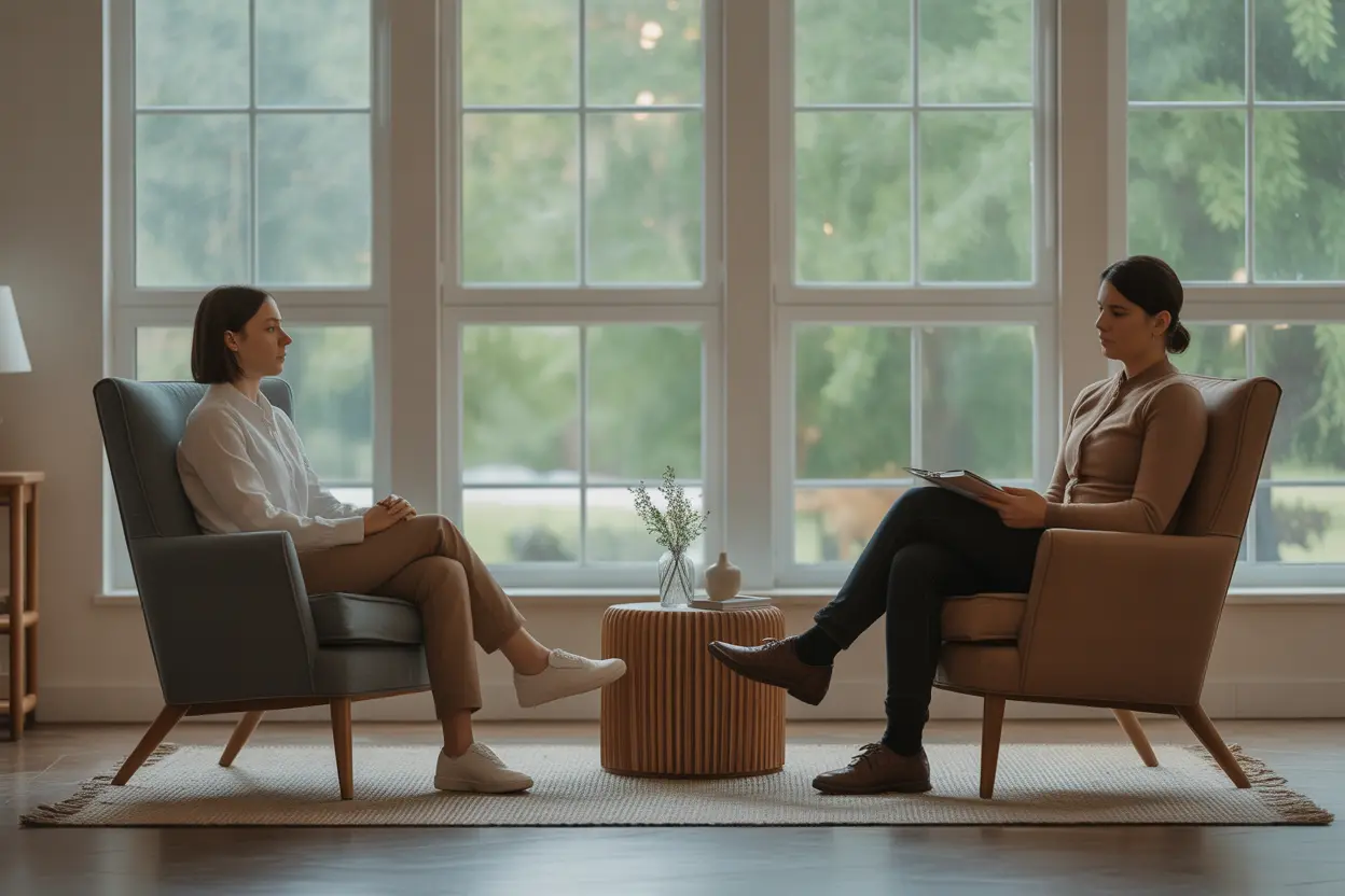 An empathetic therapist listens to a client during a confidential therapy session in a peaceful room.