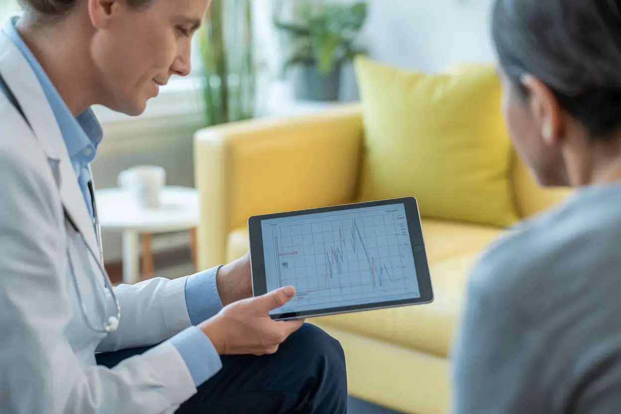 A healthcare professional explains test results on a tablet to a patient in a bright, calm room.