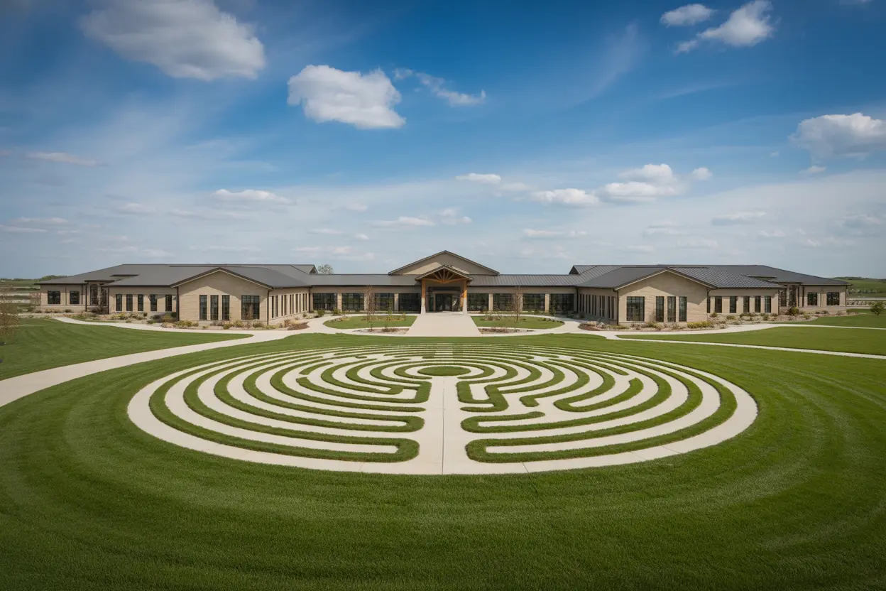 A welcoming Indiana rehab facility with a beautiful outdoor labyrinth on its grounds, symbolizing hope and high-quality care.