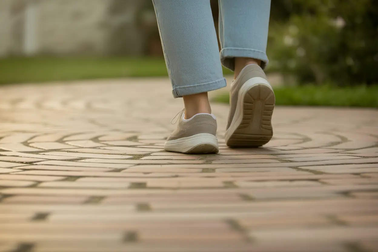 A person's walking shoes on a brick labyrinth path, symbolizing a calm and mindful journey.