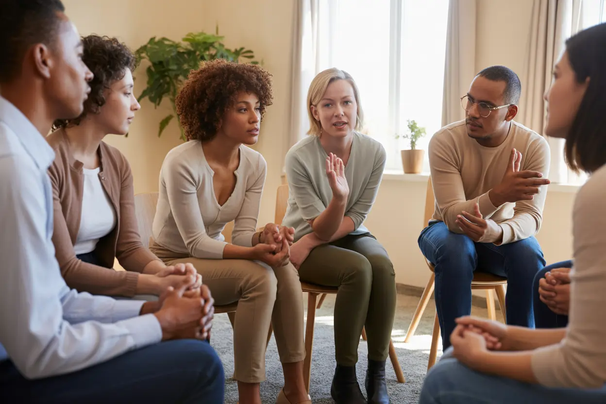 A supportive group therapy session in a sunlit room, highlighting the importance of human connection in recovery.