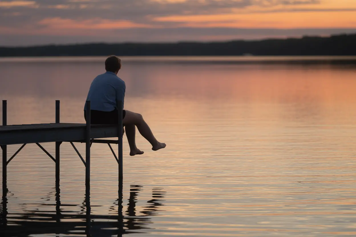 A person sitting on a dock looking out over a calm Indiana lake at sunset, reflecting on their healing journey.