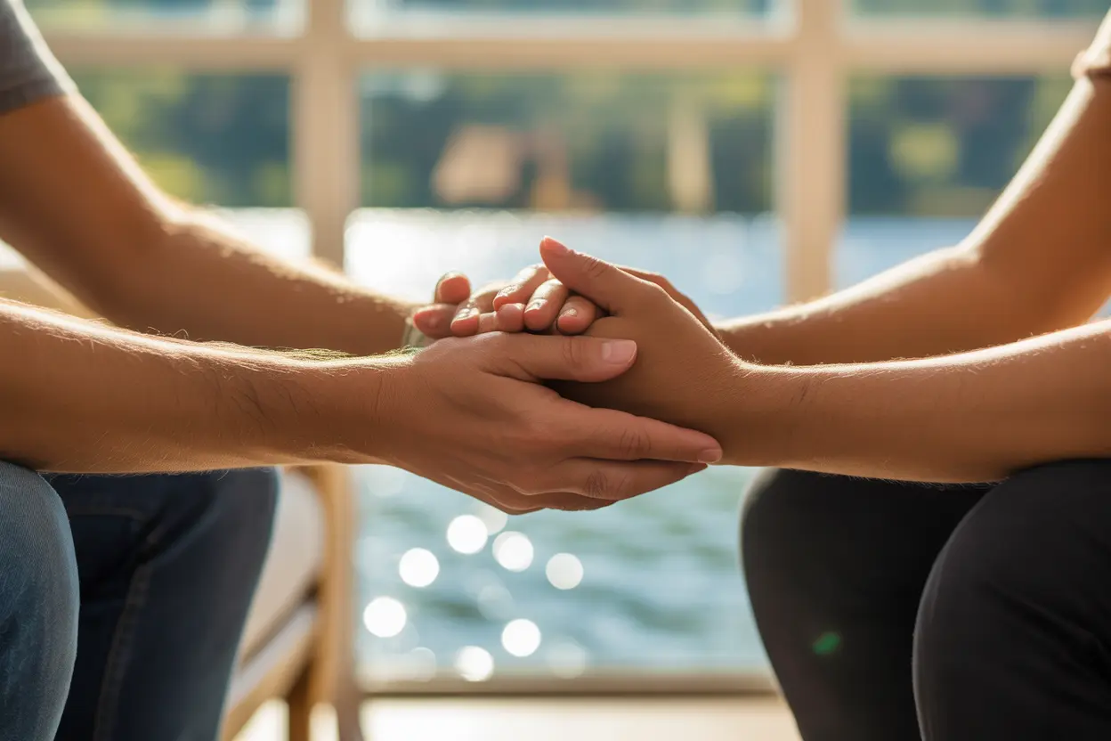 A supportive handshake in a counseling office with a view of a lake, symbolizing guidance and care during addiction treatment.