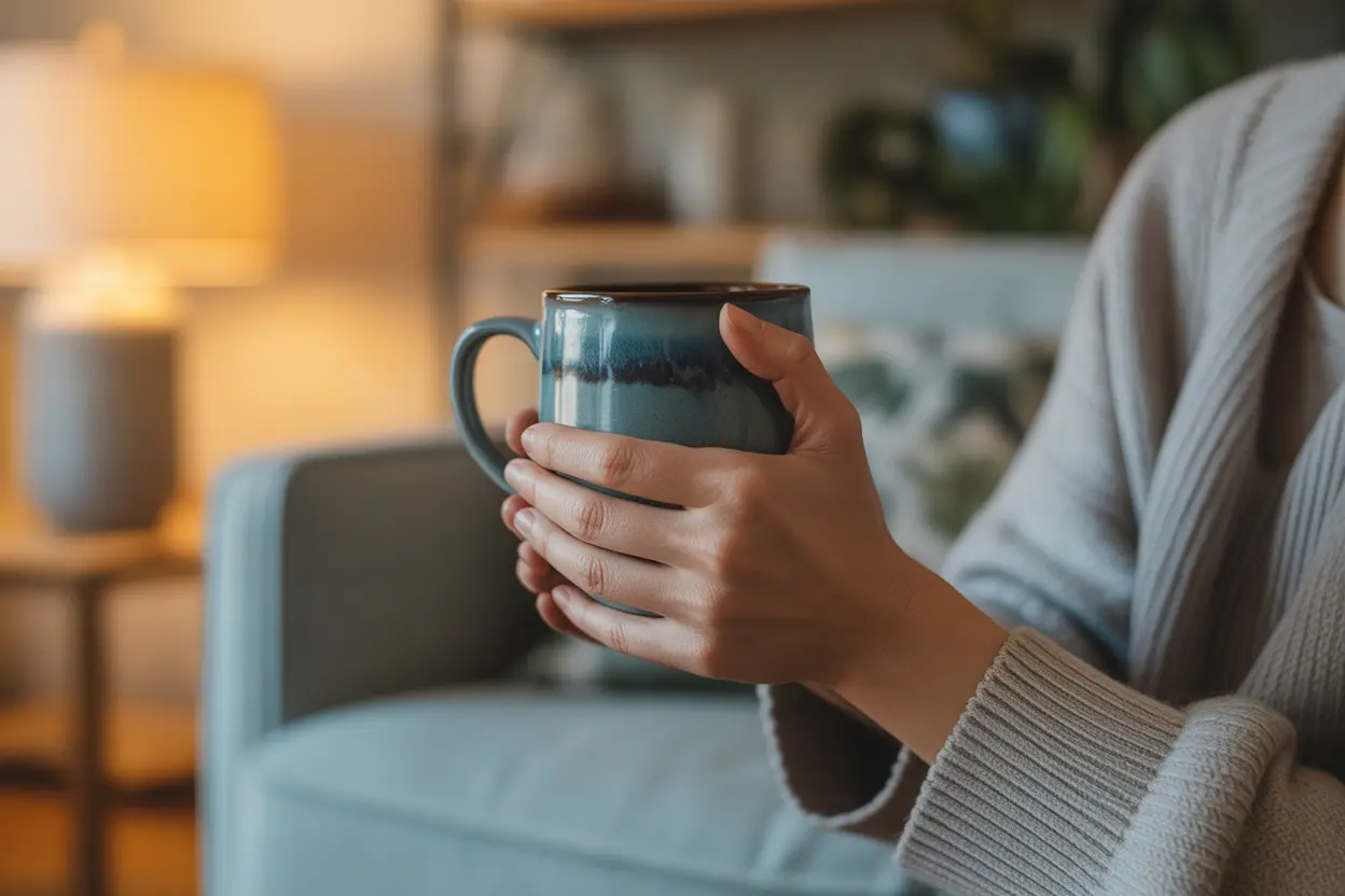 A person holding a warm mug, symbolizing a moment of peaceful reflection and the start of a new chapter.
