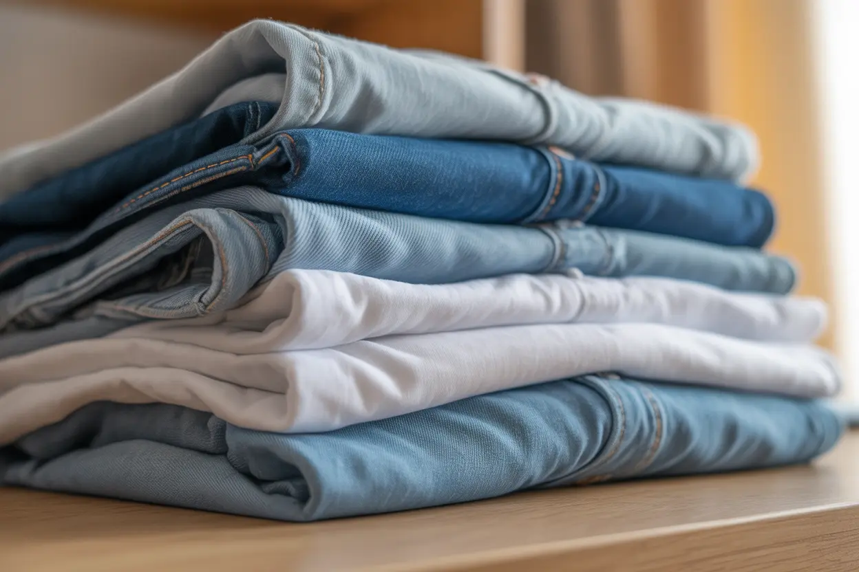 A neat stack of clean, folded clothes on a wooden table, conveying a sense of comfort and care.