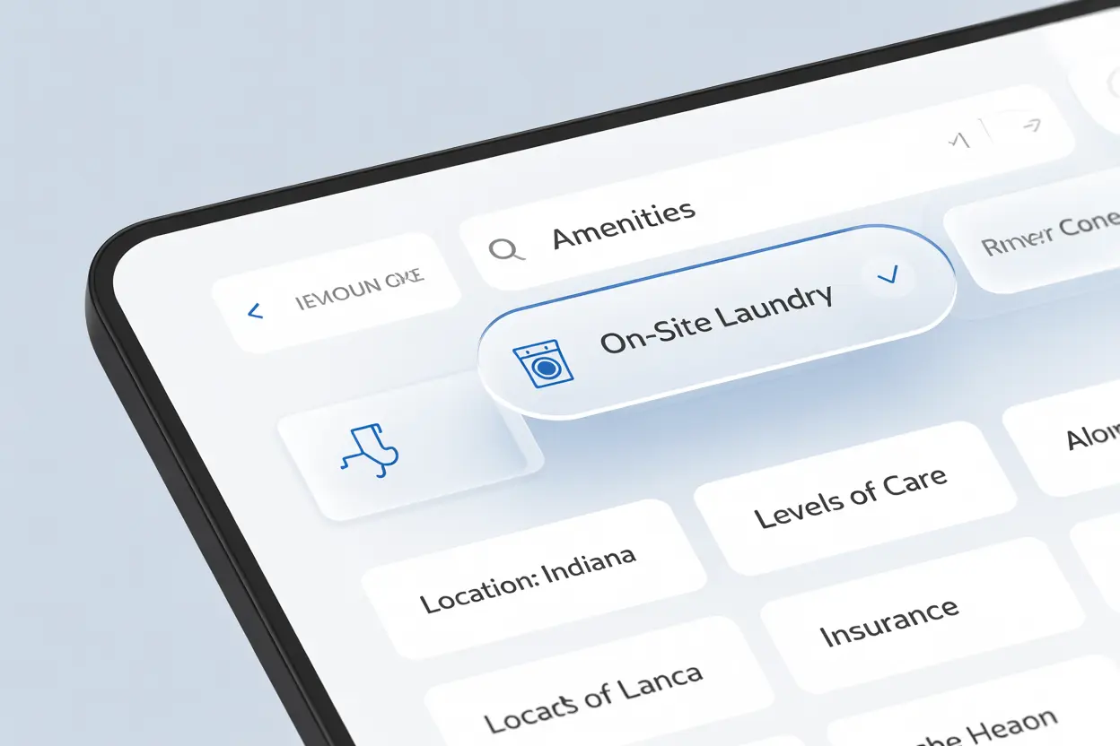 A user-friendly search filter showing 'On-Site Laundry' selected under the amenities category for rehabs in Indiana.
