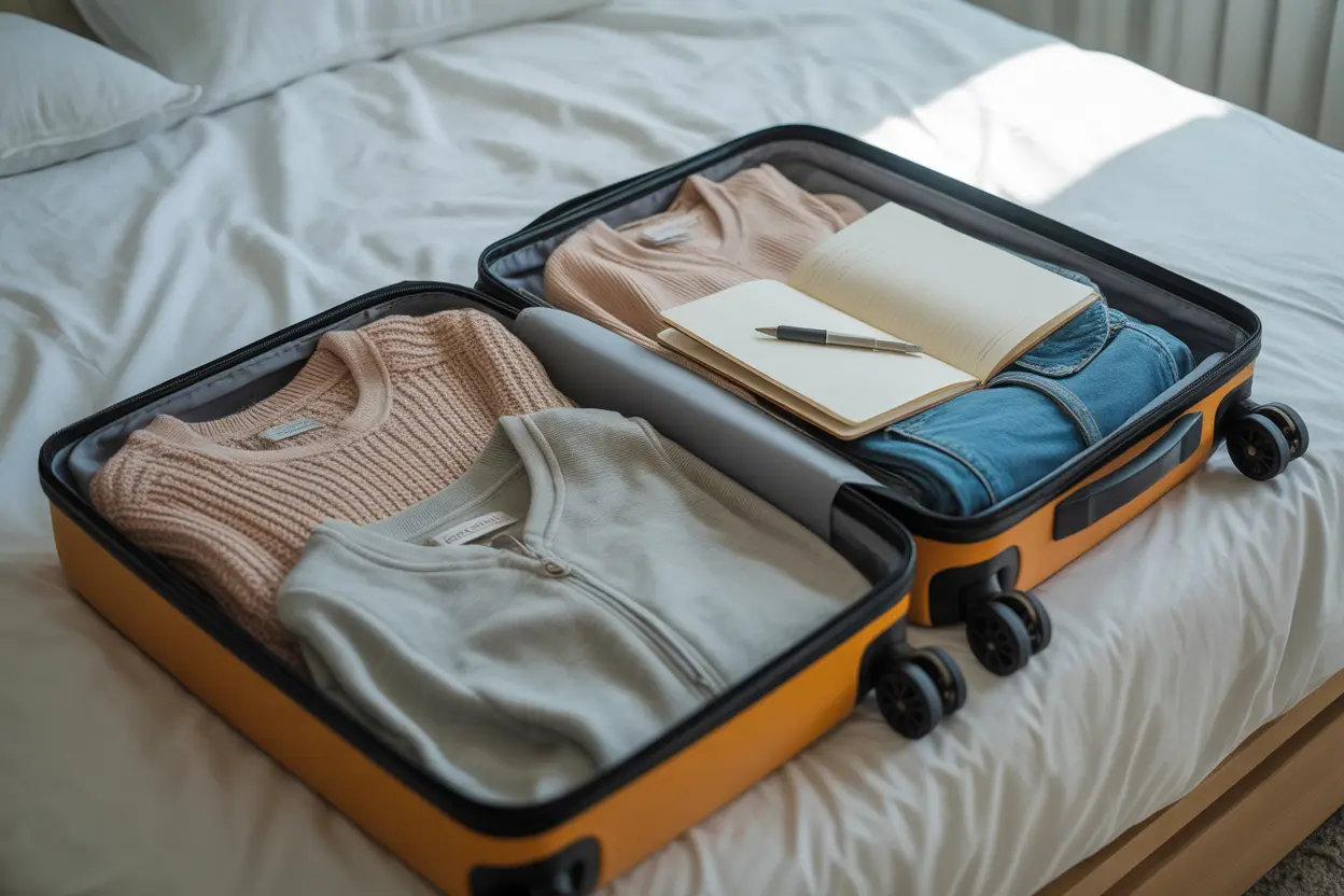 An open suitcase on a bed packed with comfortable clothes and a journal, ready for a rehab stay.