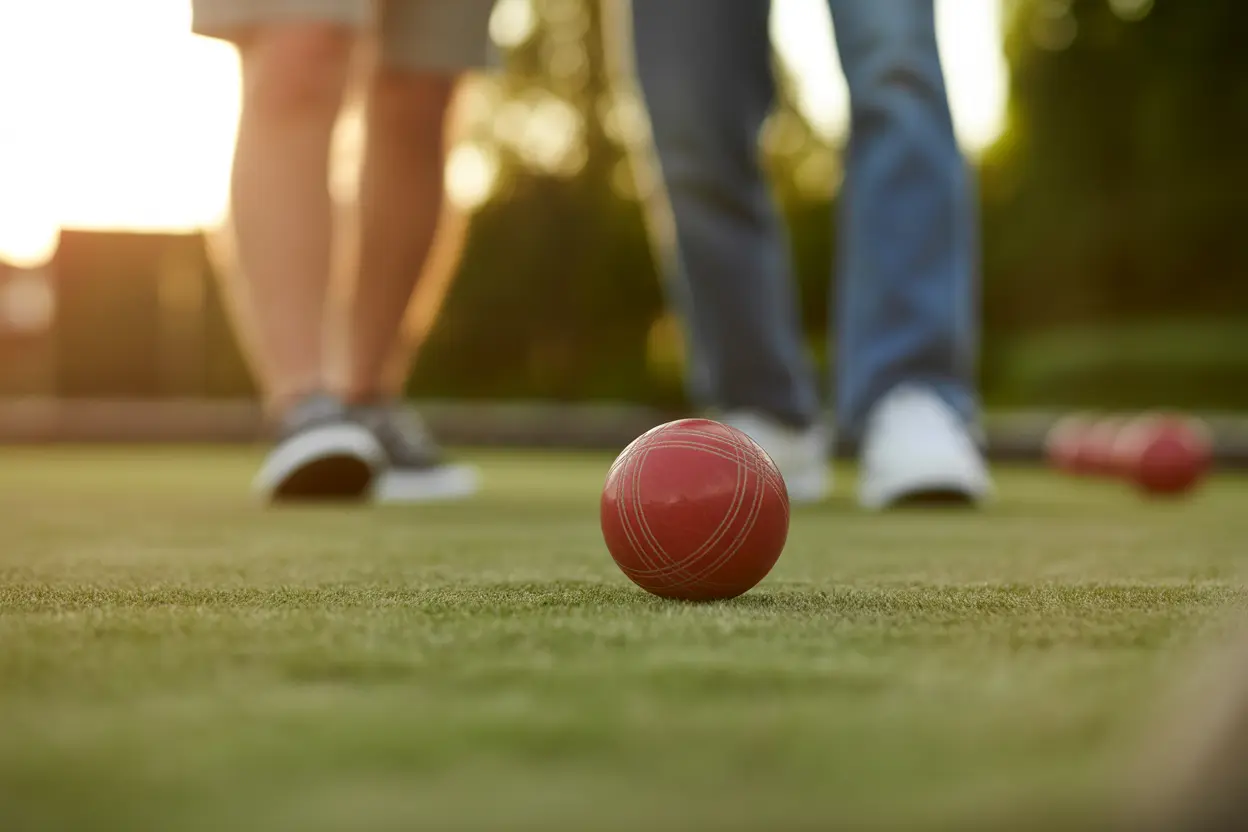 A red bocce ball rests on a green lawn near the pallino, with two people's legs in the background, suggesting a friendly game.