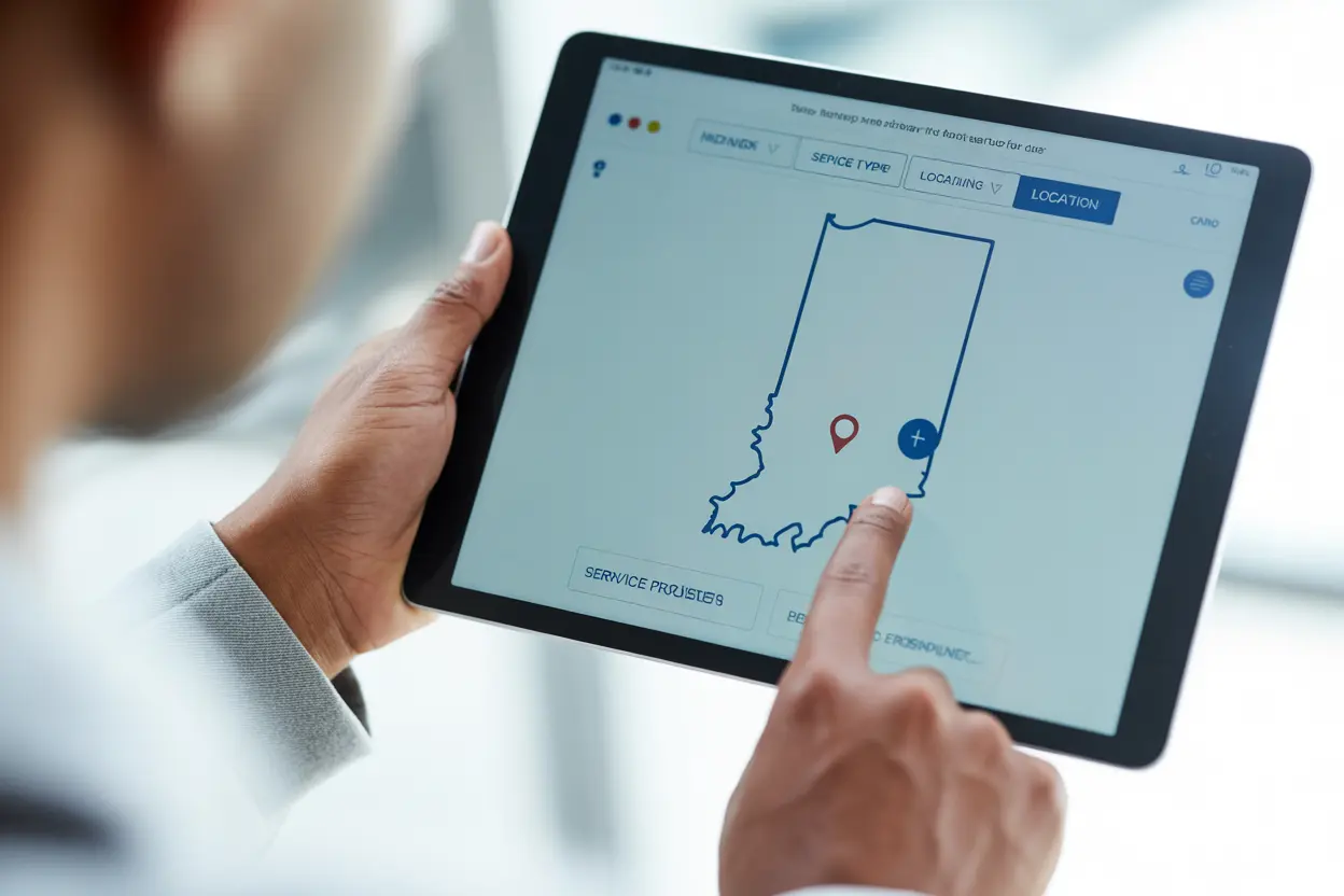 A person uses a tablet to search for learning disability services on a map of Indiana, showing the ease of finding local support.