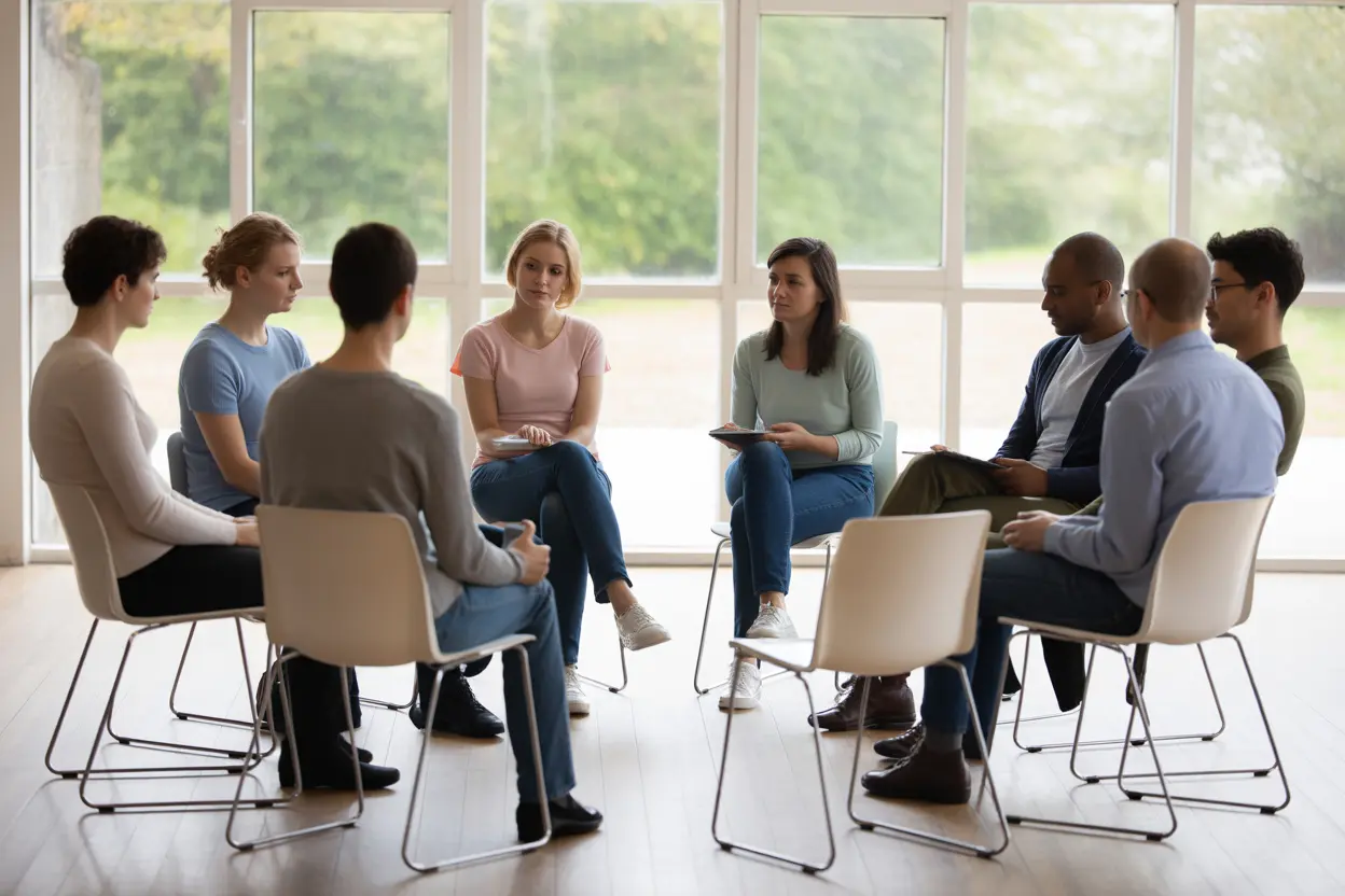 A supportive group therapy session in a brightly lit room, symbolizing the journey of recovery.