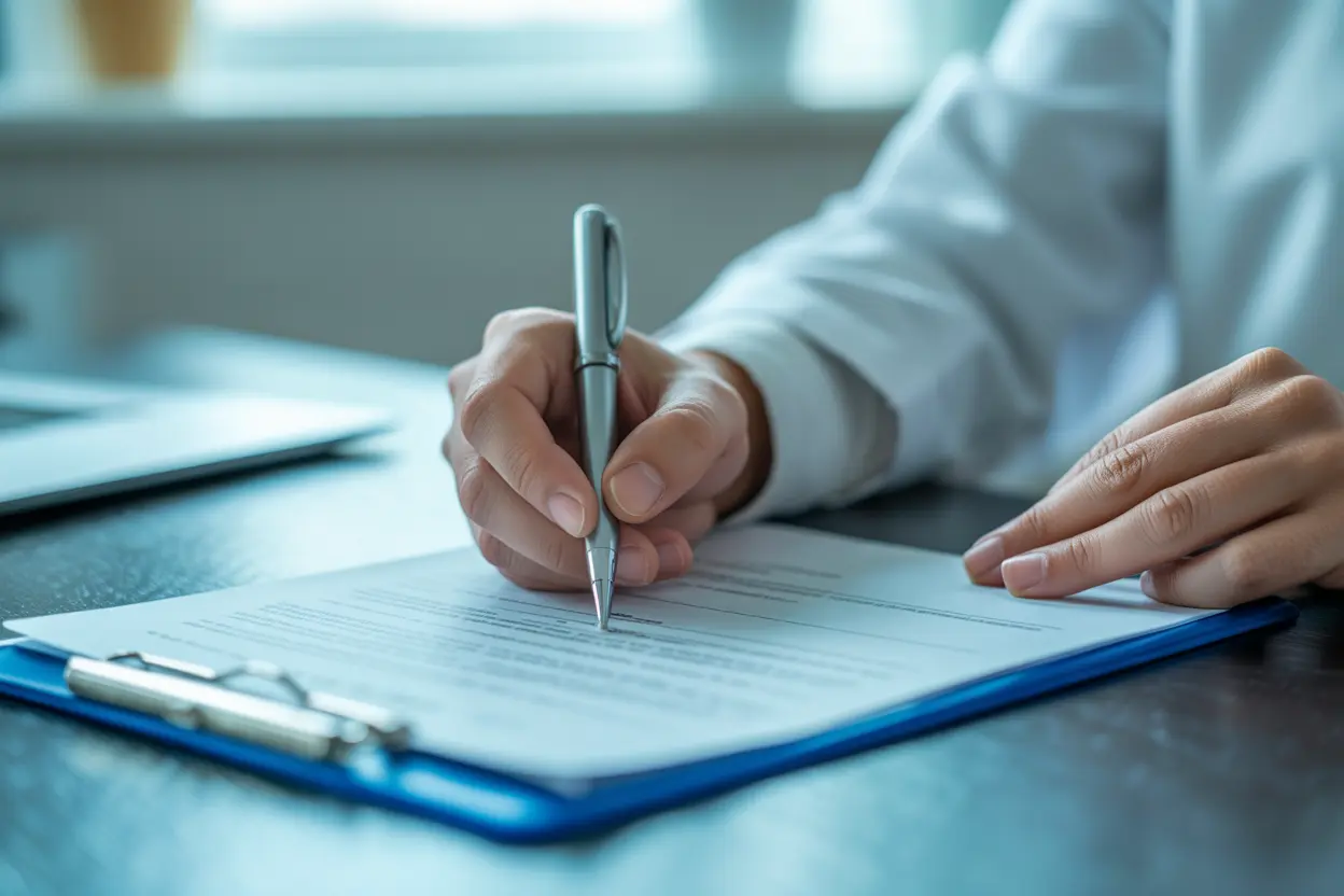 A person signing a document, representing patient consent and legal rights in a rehab facility.