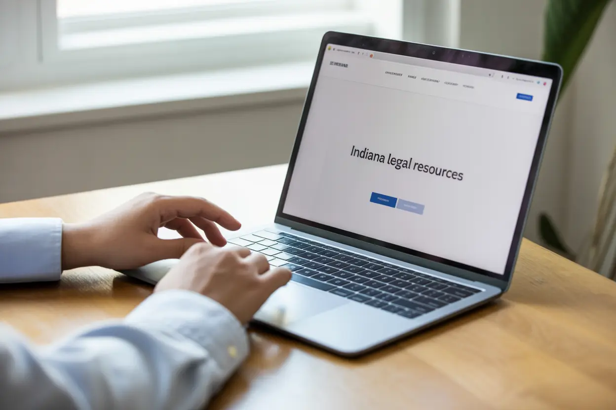 A person researches Indiana legal resources on a laptop, feeling empowered.