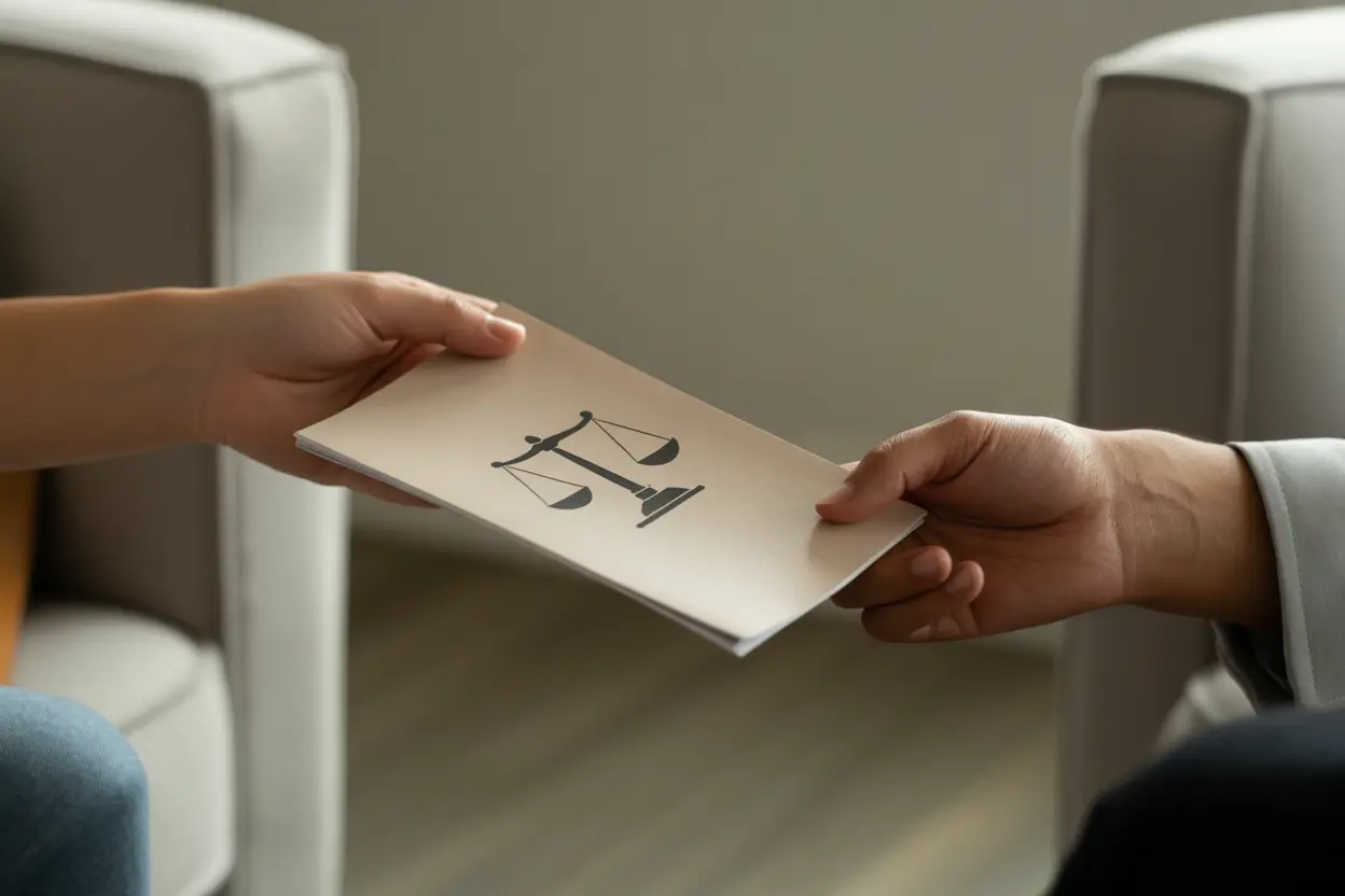 A person receives a pamphlet about legal assistance, symbolizing support and guidance.