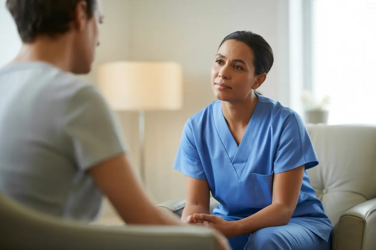 A compassionate healthcare professional listening to a patient in a bright and comfortable room, representing trust and support.