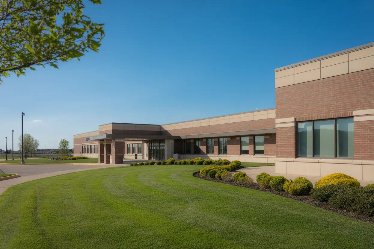 The exterior of a modern and welcoming brick addiction treatment facility in Indiana, conveying safety and professionalism.