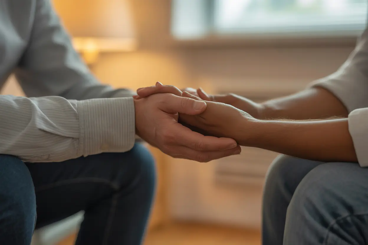 Two hands clasped in a supportive gesture in a calm, welcoming office setting.
