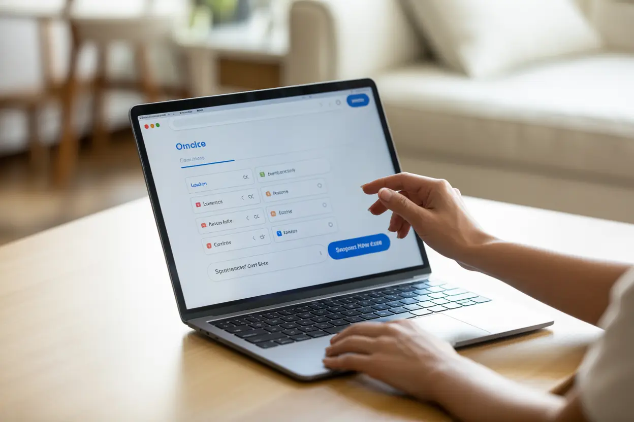 A person using a laptop to search for healthcare options on a website with filter buttons for location and specialty care.