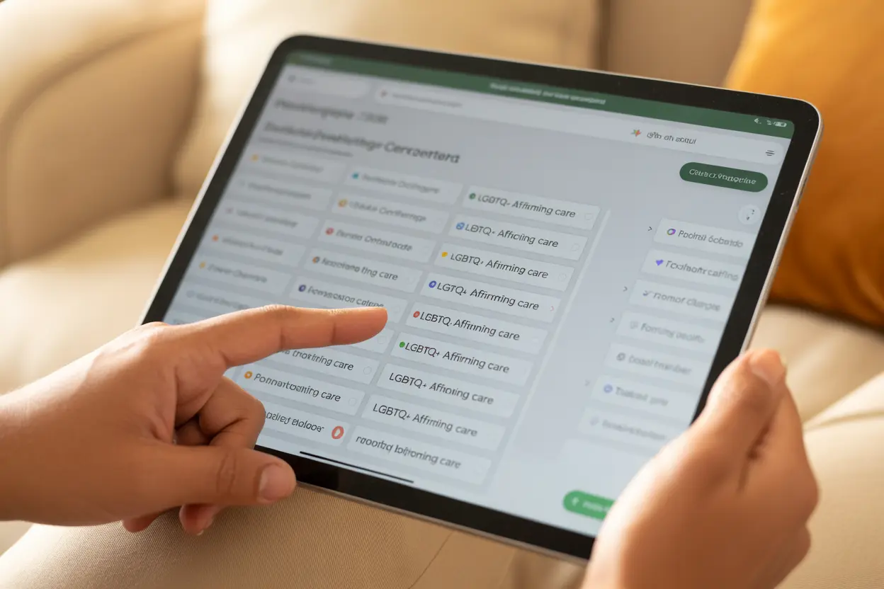 A person using a tablet to filter a directory for LGBTQ+ affirming rehab centers.