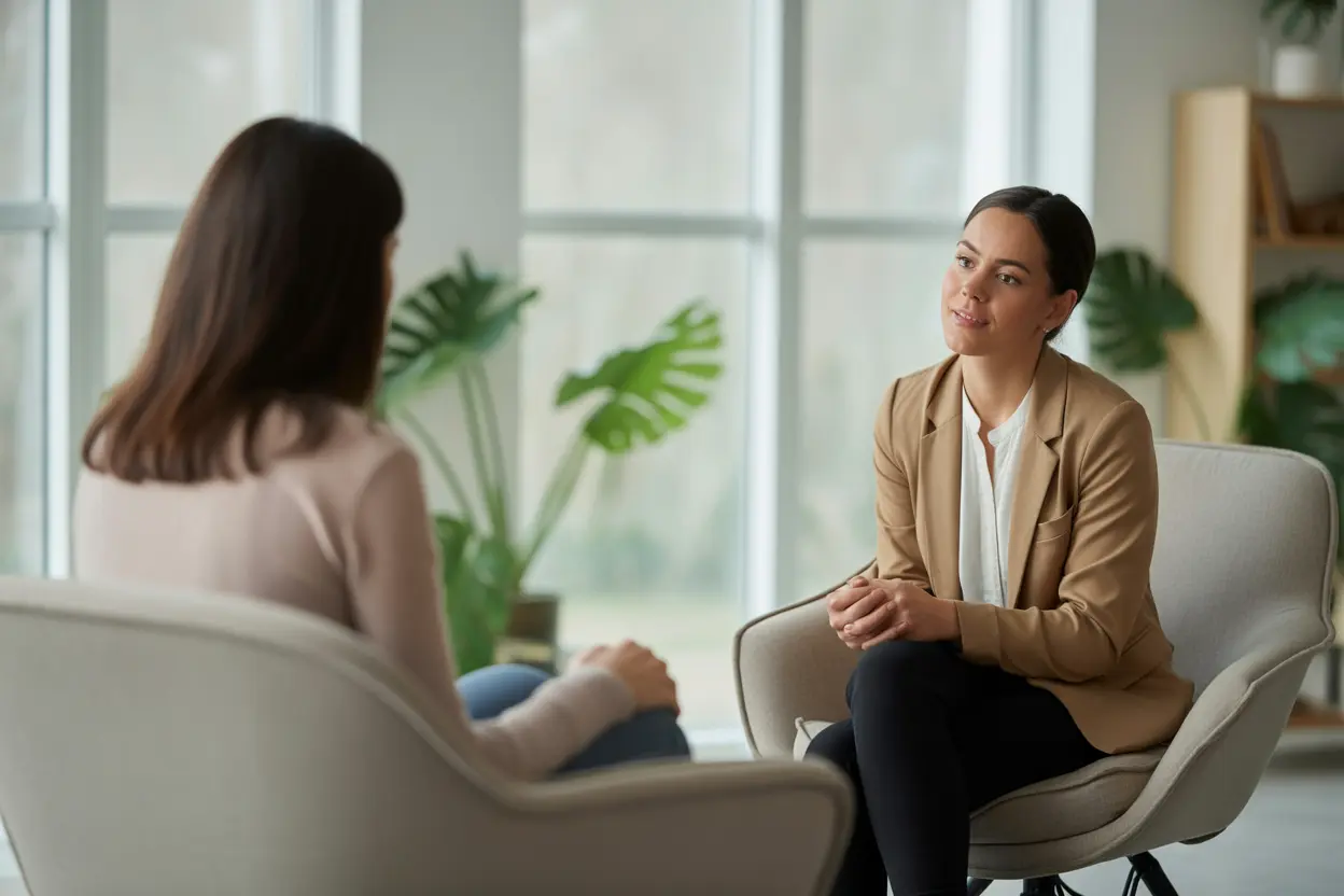 A compassionate therapist listening to a client in a calm and modern therapy room.