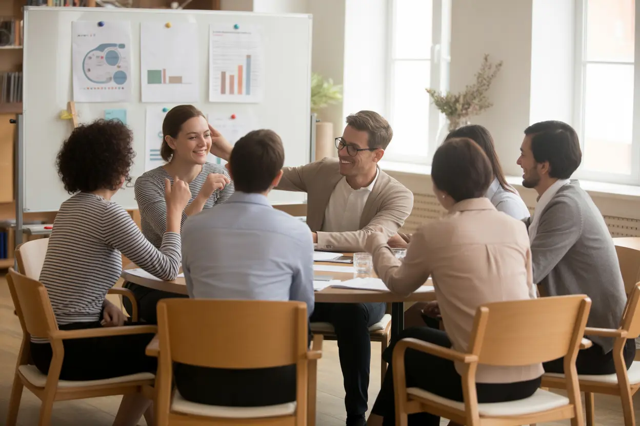 A supportive group learning about financial planning in a life skills workshop.