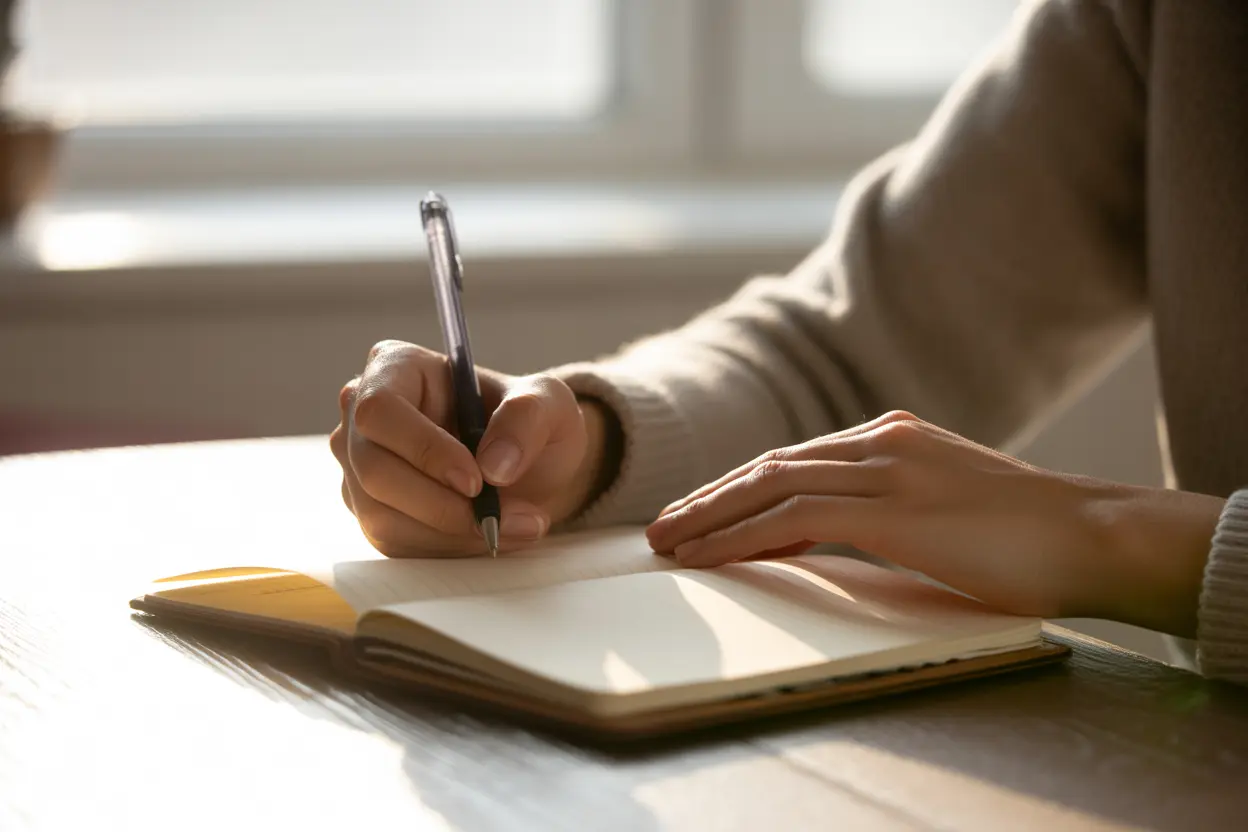 A person setting goals and planning for their future in a journal, symbolizing hope and determination in recovery.