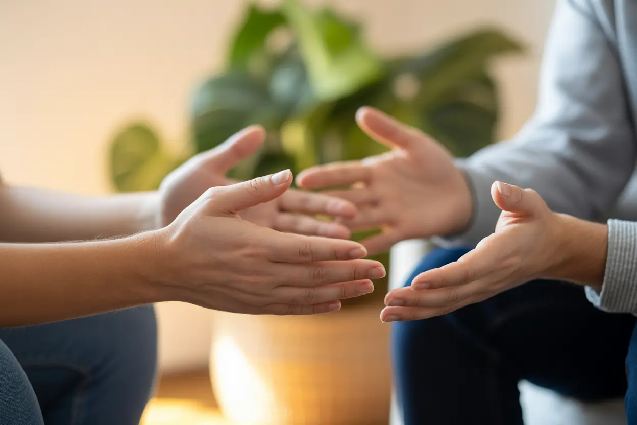 A close-up of two people's hands during a supportive conversation, conveying trust and empathy.