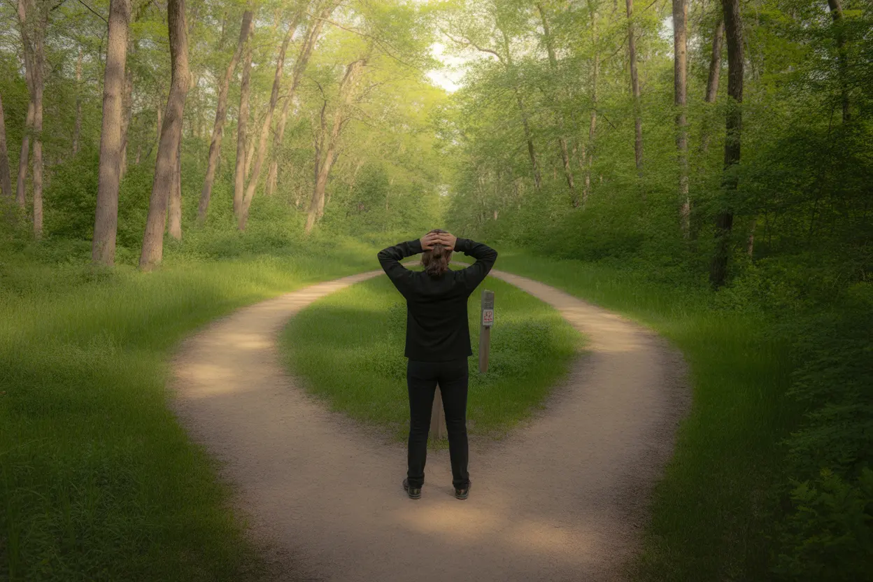A person stands at a fork in a forest trail, symbolizing the choice of recovery pathways in Indiana.