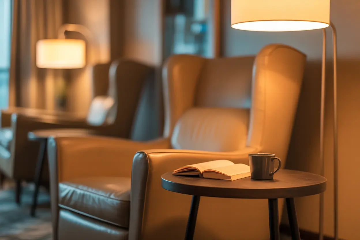 A cozy corner in a rehab lounge with an armchair, a book, and a warm mug, creating a peaceful mood.