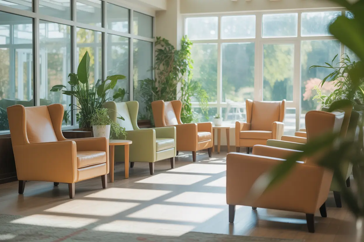 A bright, welcoming lounge area in a rehab center with comfortable armchairs and natural daylight from large windows.