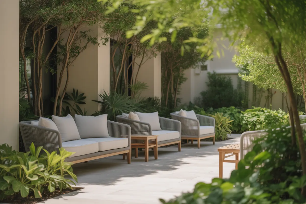 A serene garden courtyard at an upscale rehab facility, with comfortable outdoor seating and lush greenery.