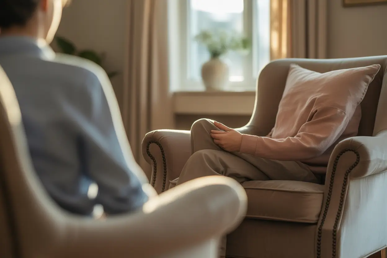 A private one-on-one therapy session in a sunlit, comfortable room, conveying a sense of safety and confidentiality.