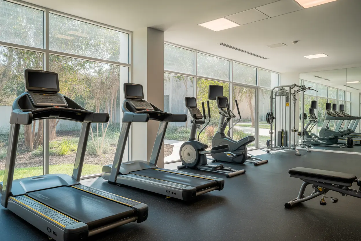A bright and modern on-site gym in a rehab facility with high-end equipment and large windows overlooking a natural setting.