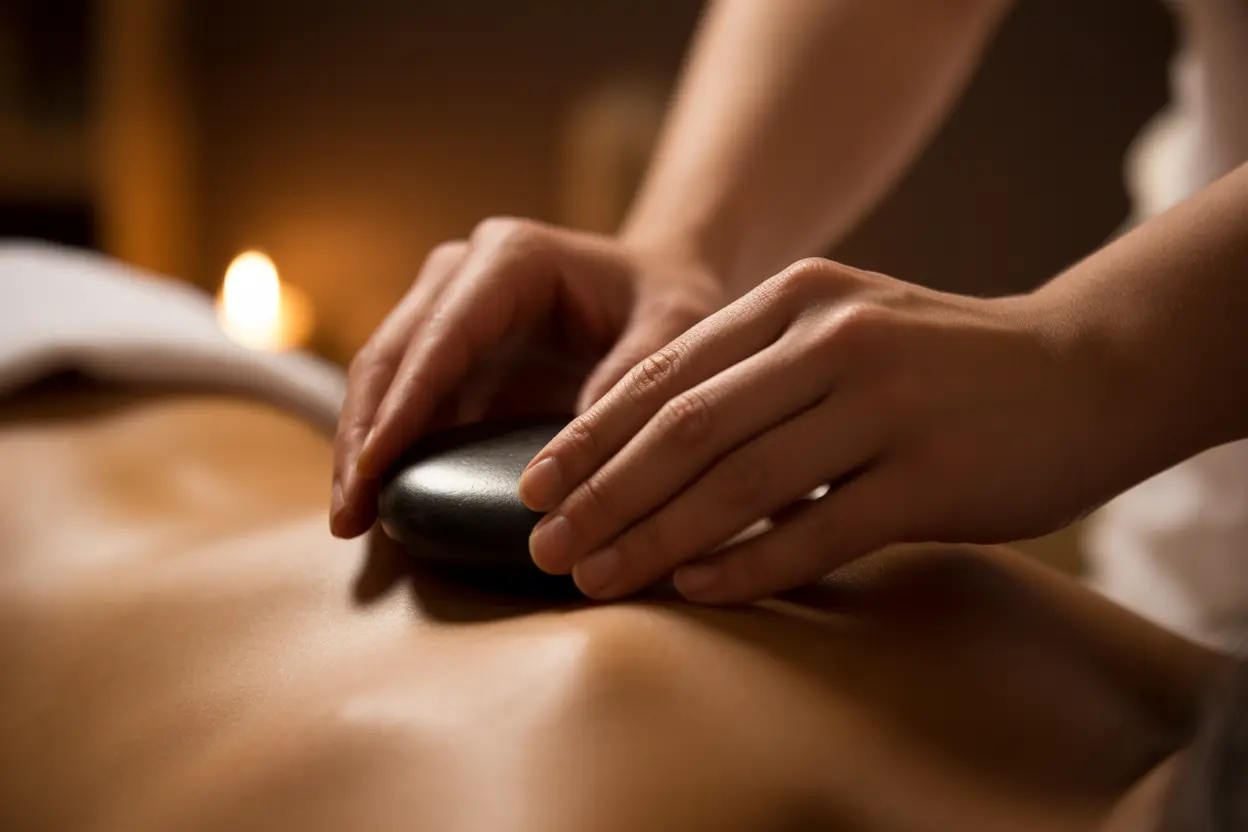 A massage therapist placing a warm stone on a person's back, conveying therapeutic relaxation.