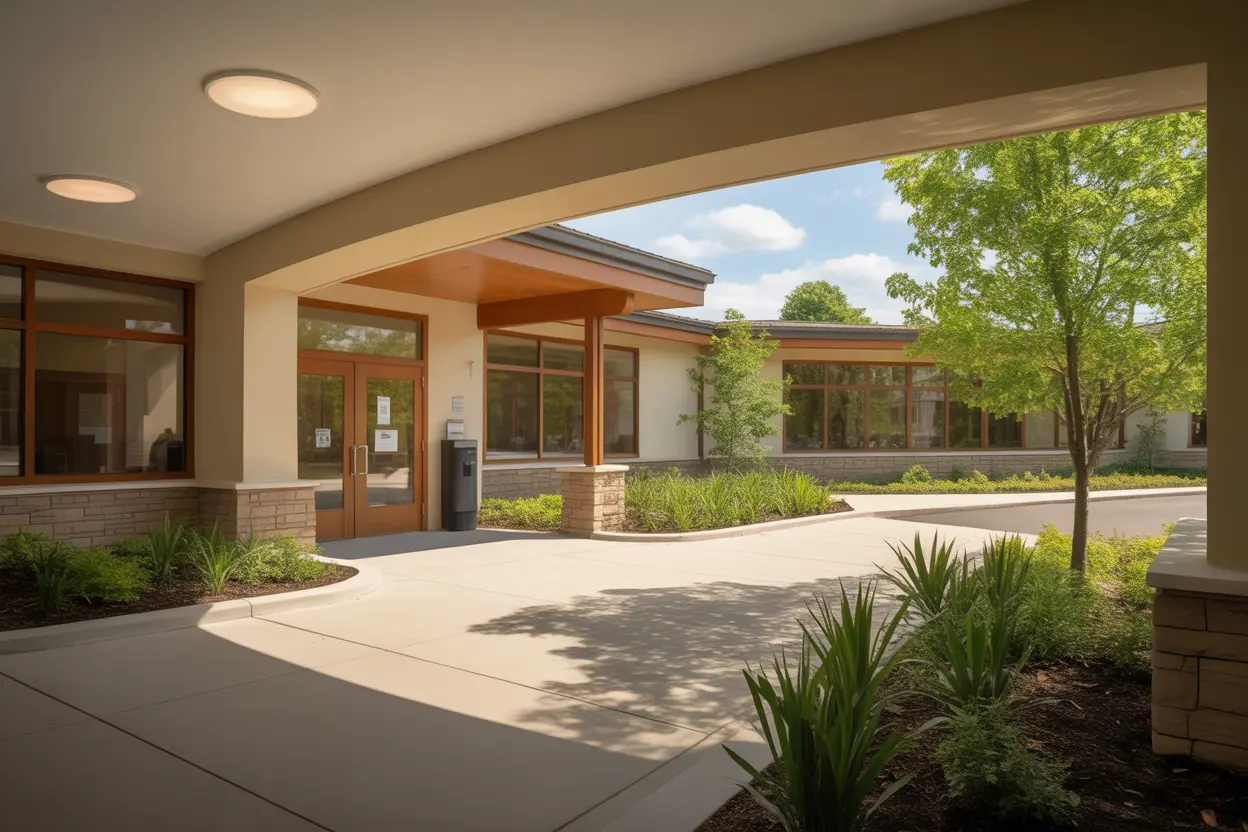 The welcoming entrance of a modern Indiana rehabilitation center with natural lighting and peaceful landscaping.
