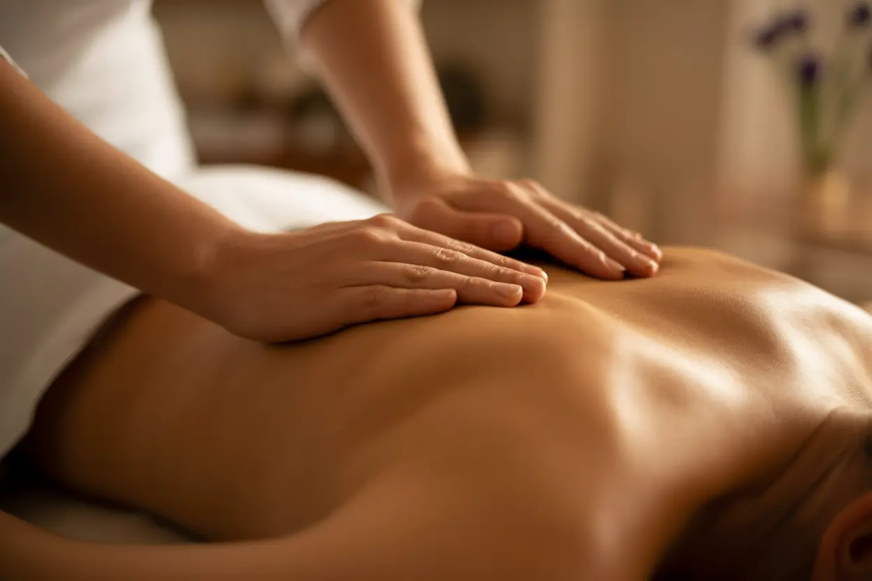 A massage therapist's hands gently applying pressure to a client's back in a calm setting.