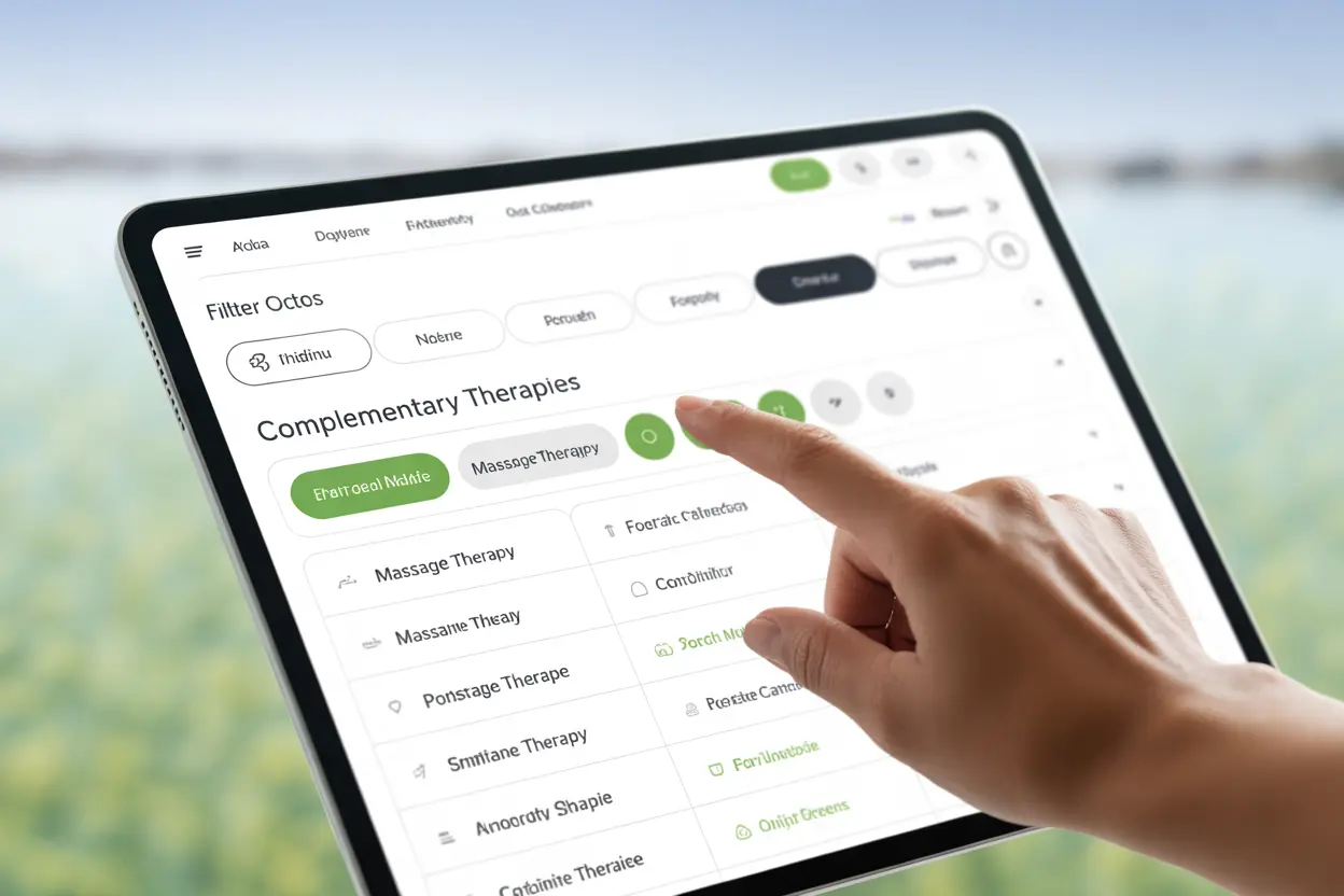 A tablet showing a directory filter for finding rehab centers that offer massage therapy in Indiana.