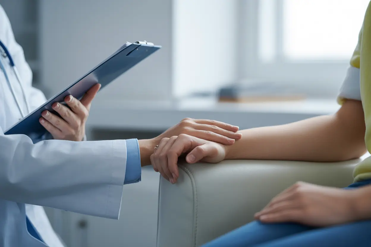 A healthcare professional's hands offer reassurance to a patient in a bright, calm office setting.