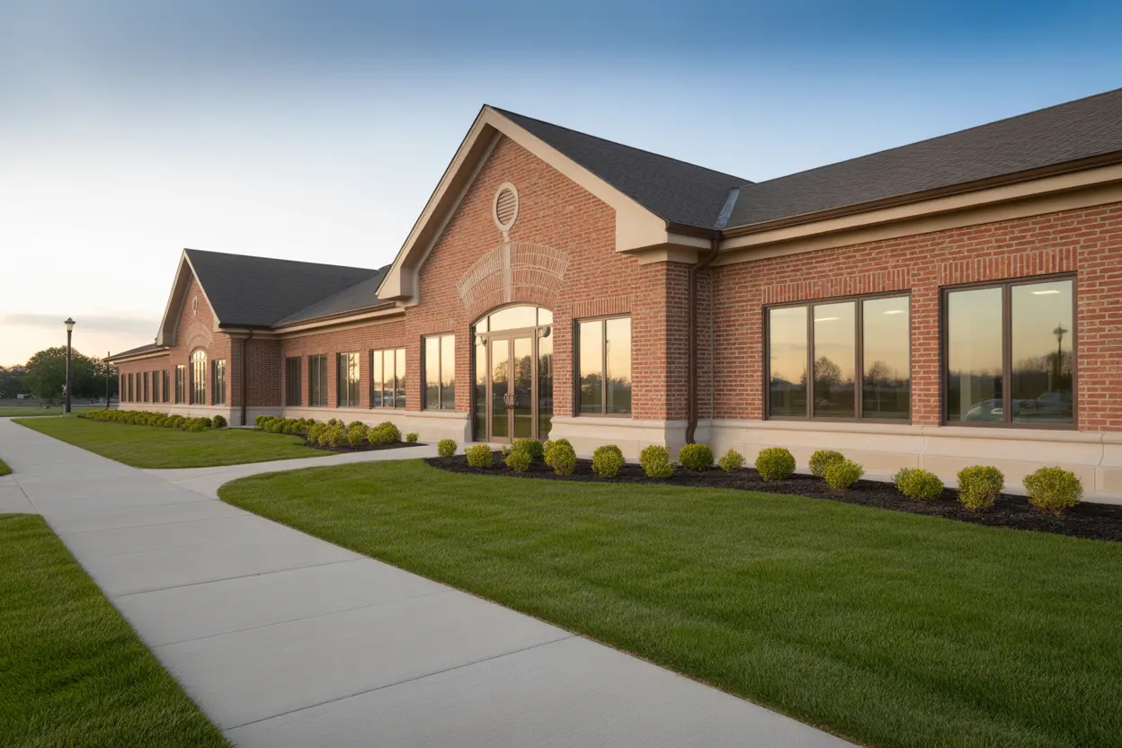 The welcoming, modern brick facade of a treatment center in Indiana on a bright, hopeful day.