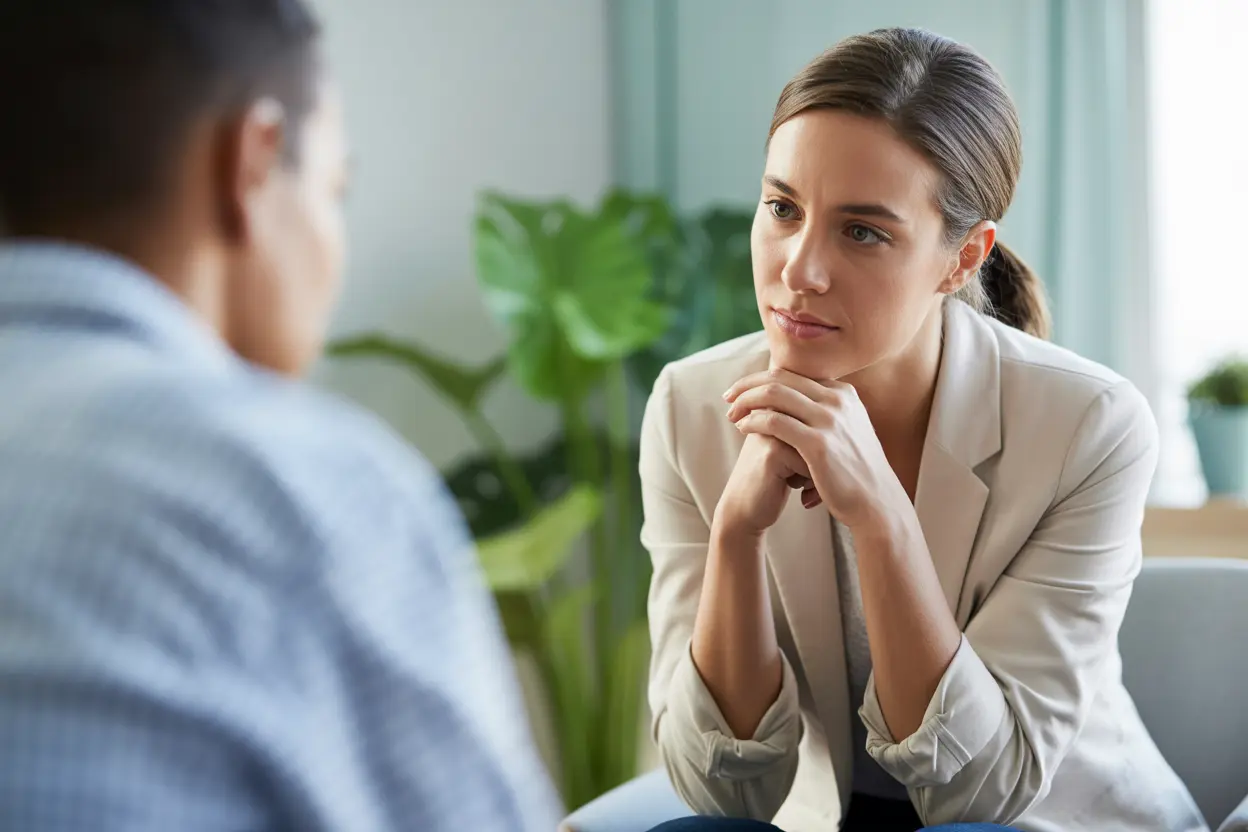 A caring therapist listens to a patient in a calm and safe office.