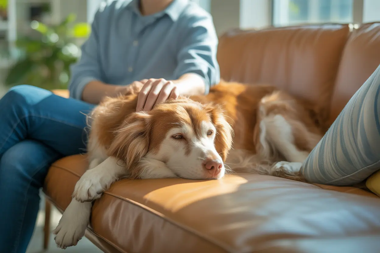 A person finds comfort stroking their dog on a couch in a pet-friendly rehab center.