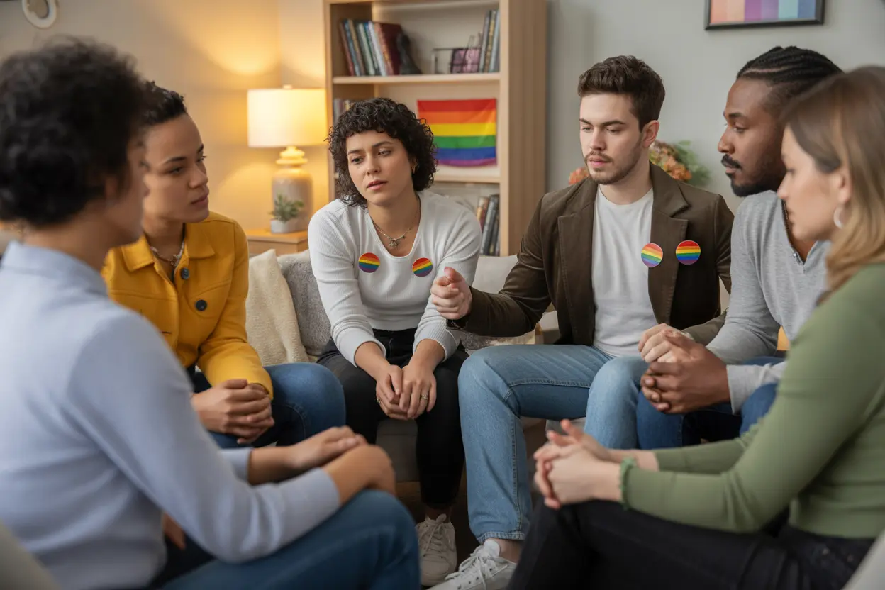 A diverse group of people in a supportive therapy session in a comfortable room.