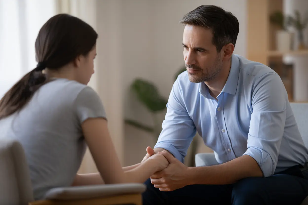 A compassionate therapist listens actively to a client during a one-on-one matrix model therapy session.