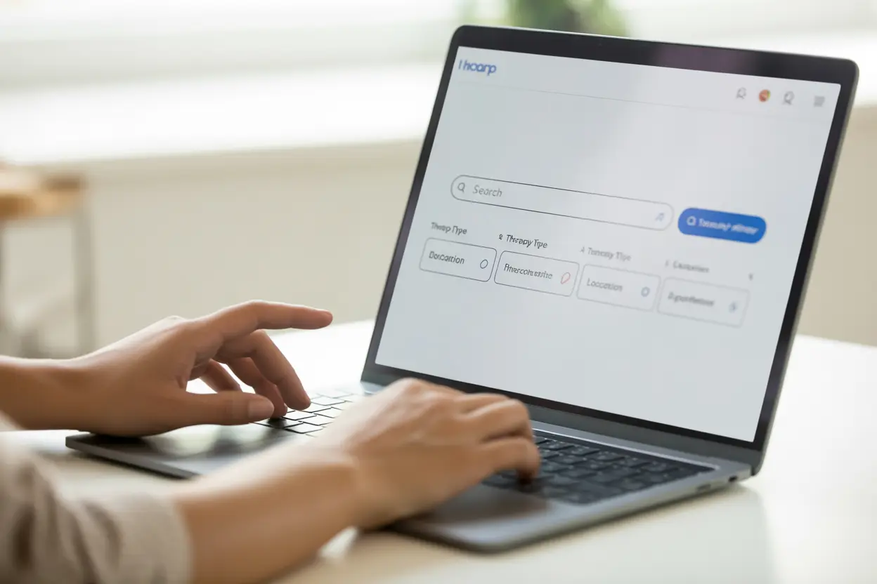 A person uses a laptop to search for matrix model therapy options in Indiana on a user-friendly website.