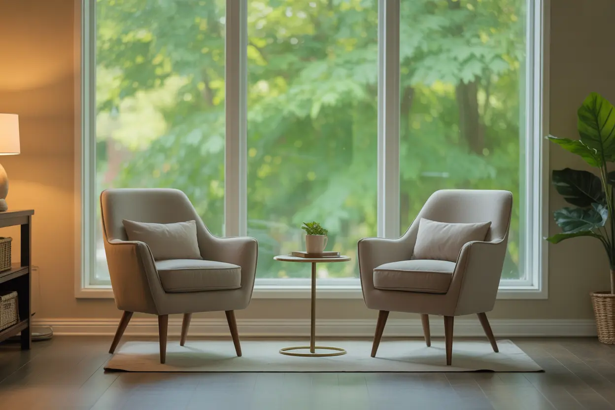 Two empty chairs in a comfortable, sunlit therapy room in Indiana, symbolizing a safe space for healing and recovery to begin.