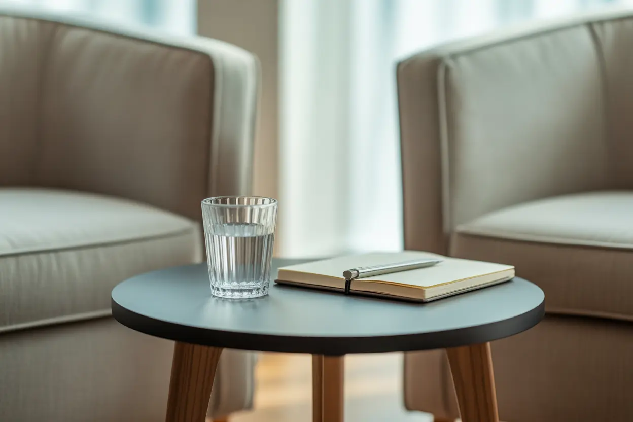 A calm therapy room with two empty chairs and a small table between them holding a glass of water and a journal, representing a safe space for therapy.