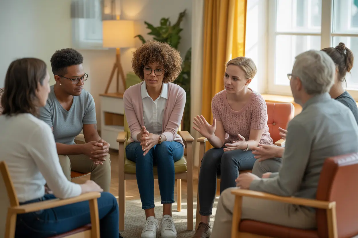 A diverse group of people in a sunlit room participating in a group therapy session.