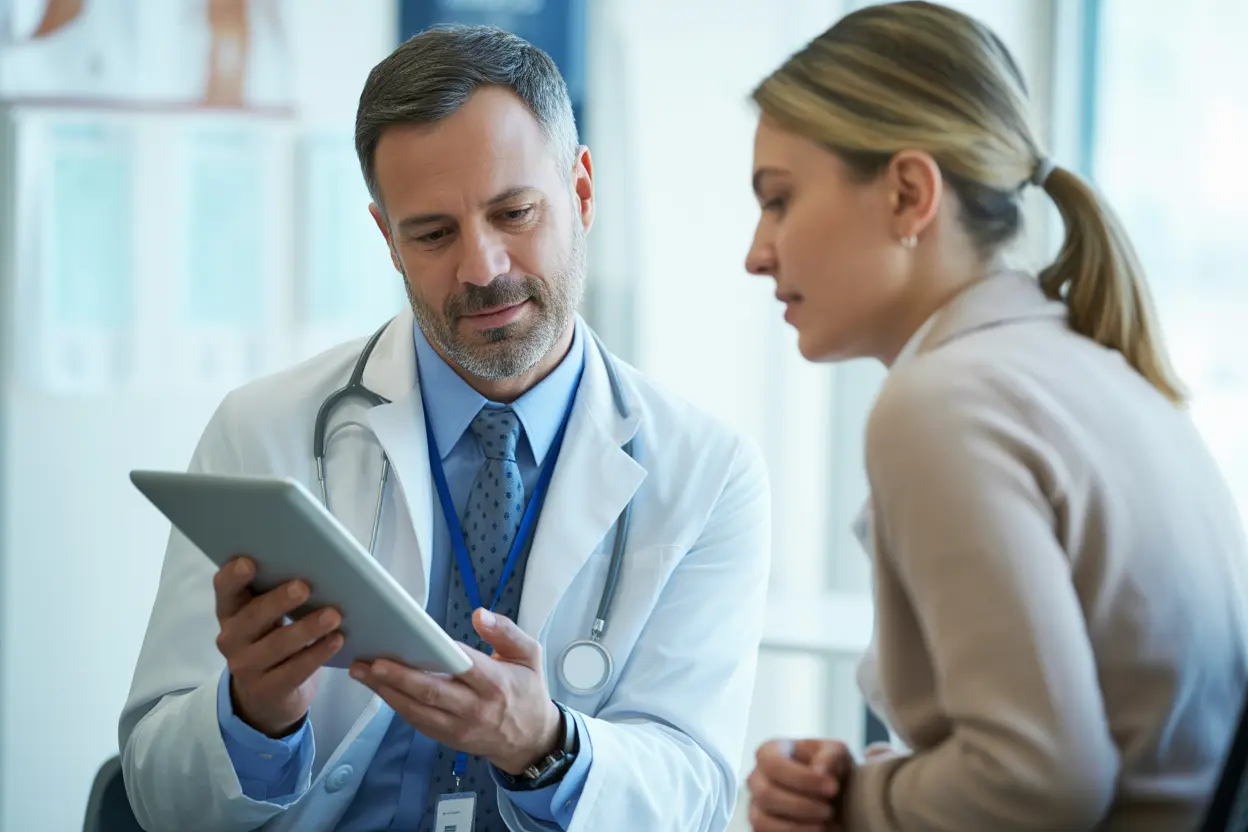 A doctor explains treatment options on a tablet to a patient in a supportive office environment.