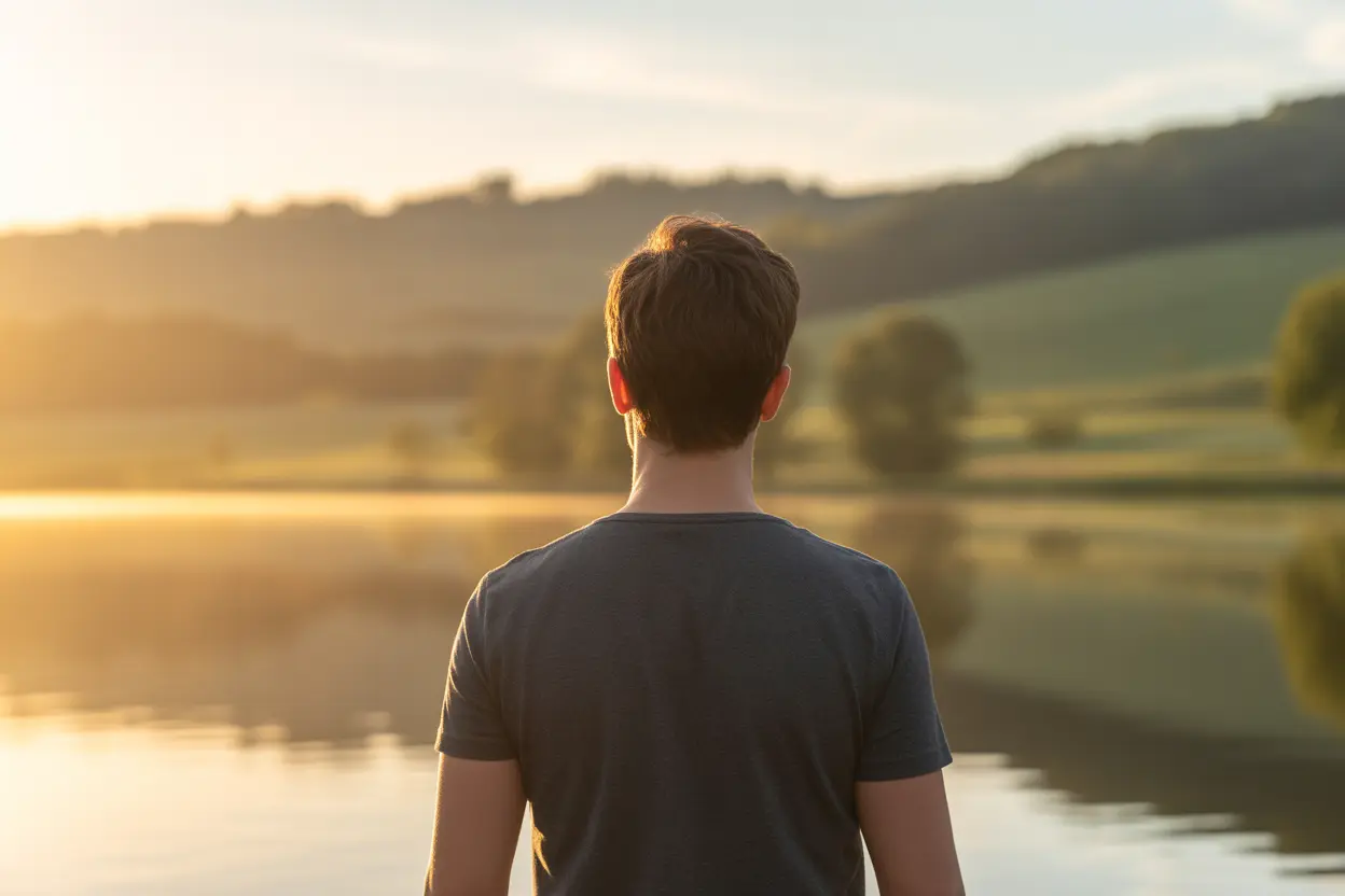 A person viewed from behind, looking out at a sunrise over an Indiana lake, symbolizing hope and recovery.