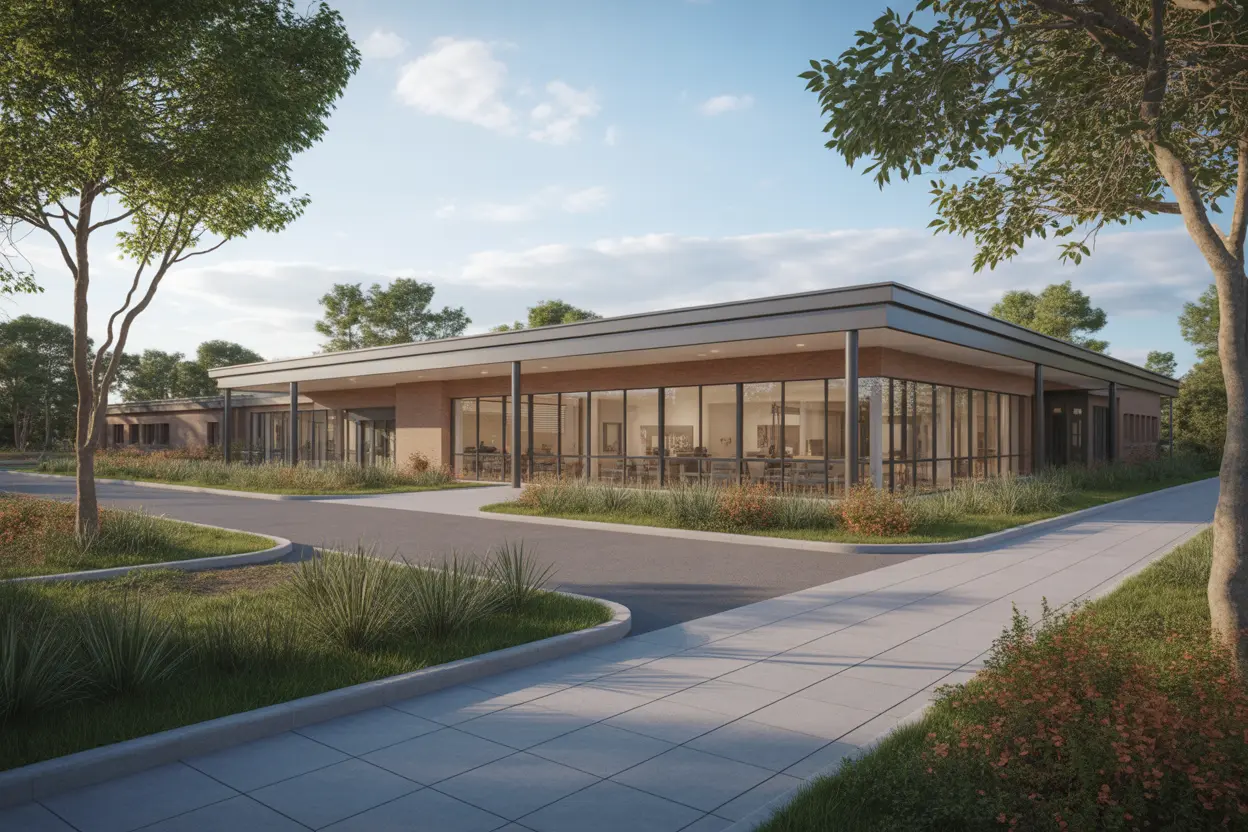 The modern and welcoming exterior of an Indiana rehabilitation facility.