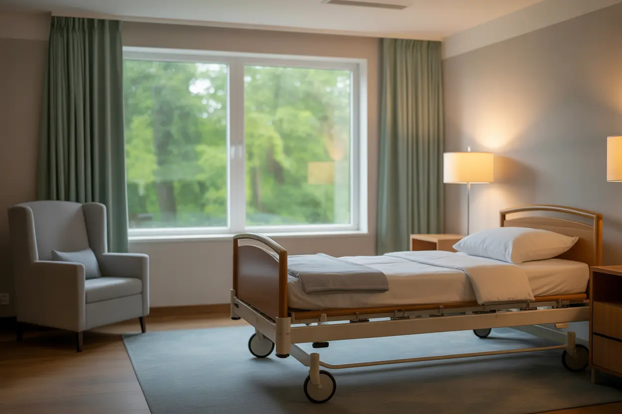 A peaceful and tidy patient room in a rehab center, ready for healing.
